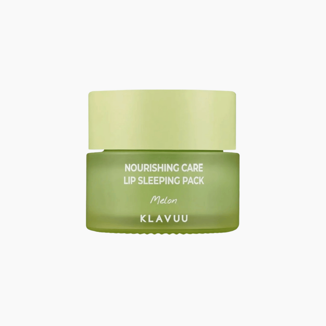 Das Klavuu Nourishing Care Lip Sleeping Pack Melon kommt in einem grünen Tiegel mit passendem hellgrünem Deckel und minimalem Design.