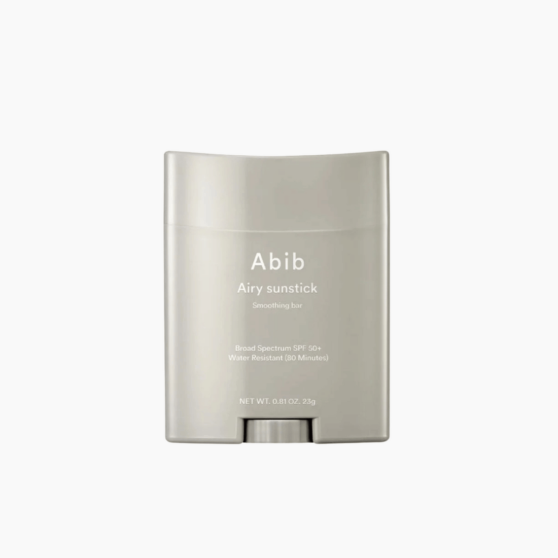 Ein beigefarbener Stick mit der Aufschrift Abib Airy Sunstick Smoothing Bar 23g, der Schutz mit LSF 50+ und Wasserfestigkeit bietet.