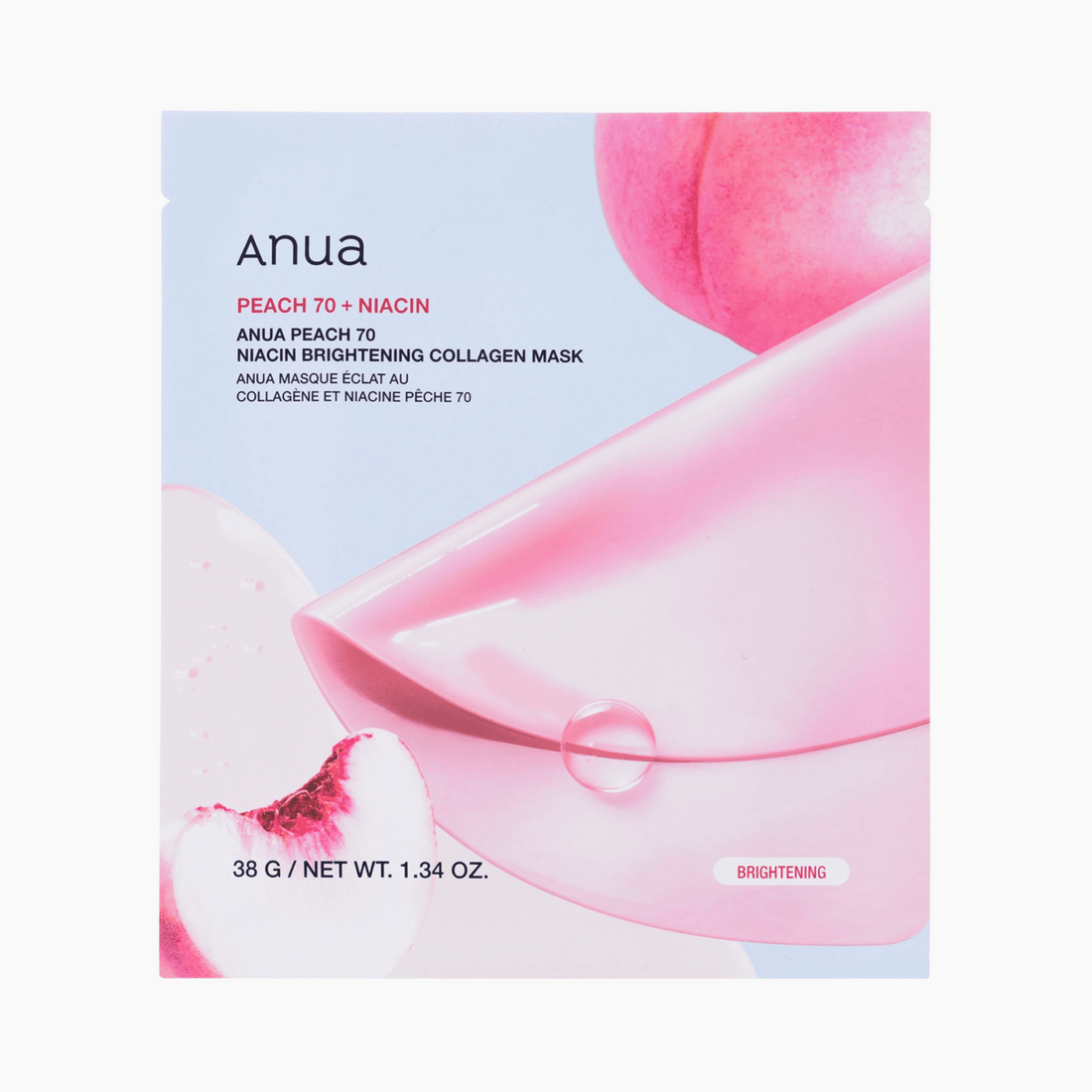 Eine Packung Anua Peach 70 Niacin Brightening Collagen Mask mit Pfirsichmotiven und einer durchscheinenden rosa Maske auf der Vorderseite.