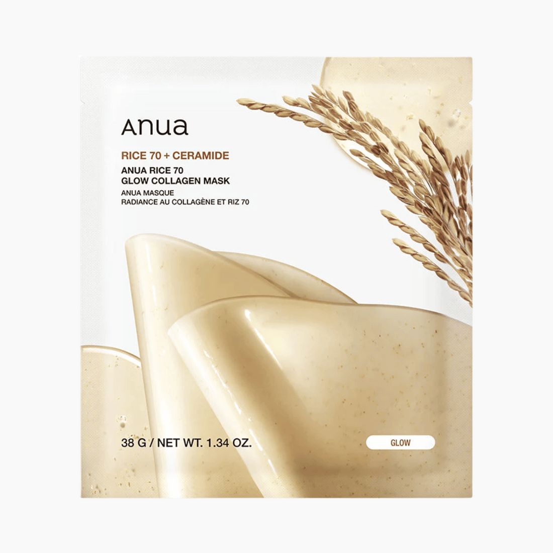 Ein Beutel der Anua Rice 70 Glow Collagen Mask mit der Aufschrift 38g / 1.34 oz zeigt Reiskörner und eine beigefarbene Maskenabbildung auf der Verpackung.