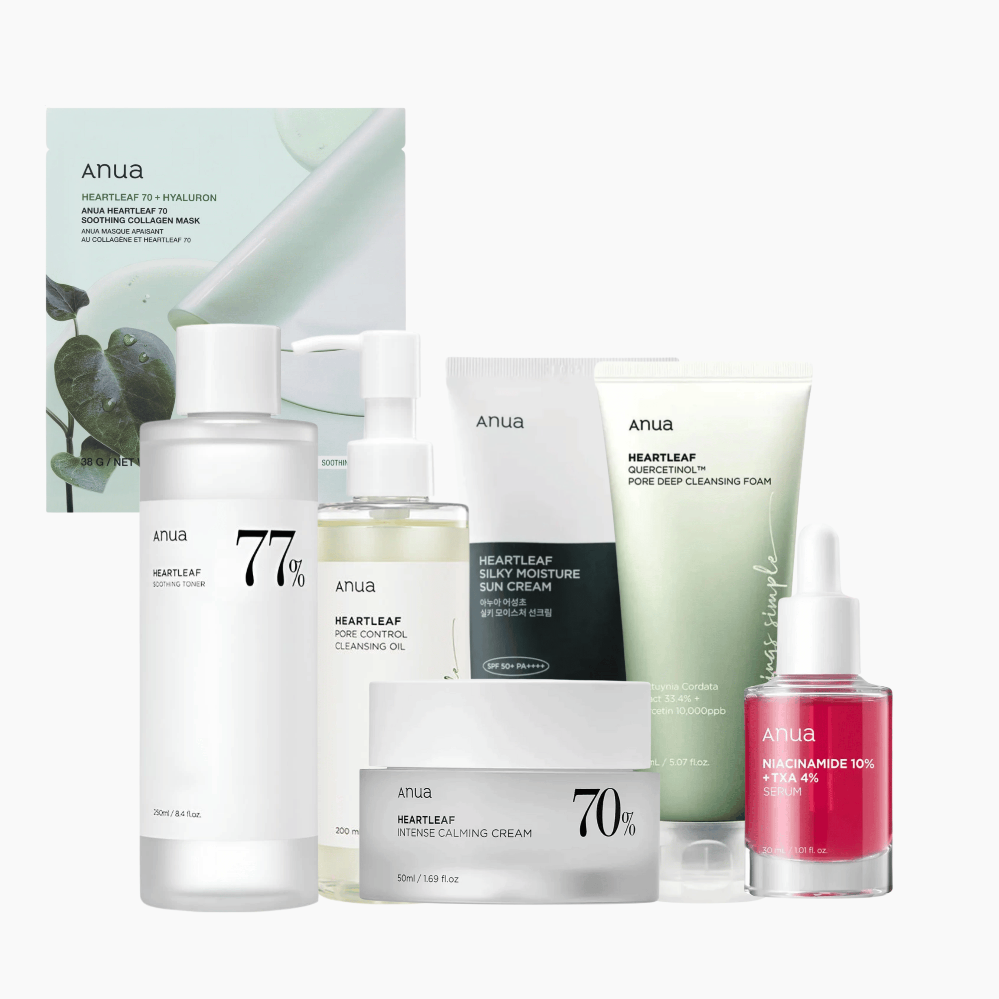Das Anua Complete Skincare Set enthält Toner, Maske, Reinigungsöl, Sonnenschutz, Reinigungsschaum, beruhigende Creme und ein rosa Serum - alles zusammen.