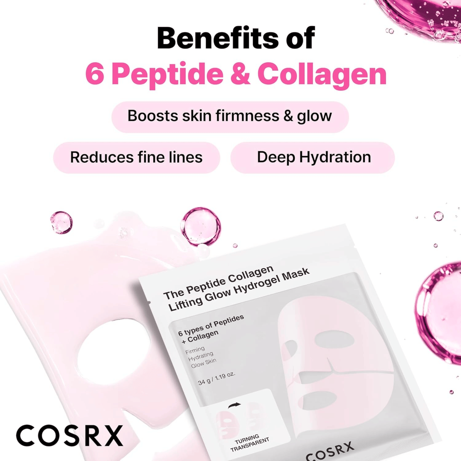 COSRX The Peptide Collagen Lifting Glow Hydrogel Mask 3 Stück