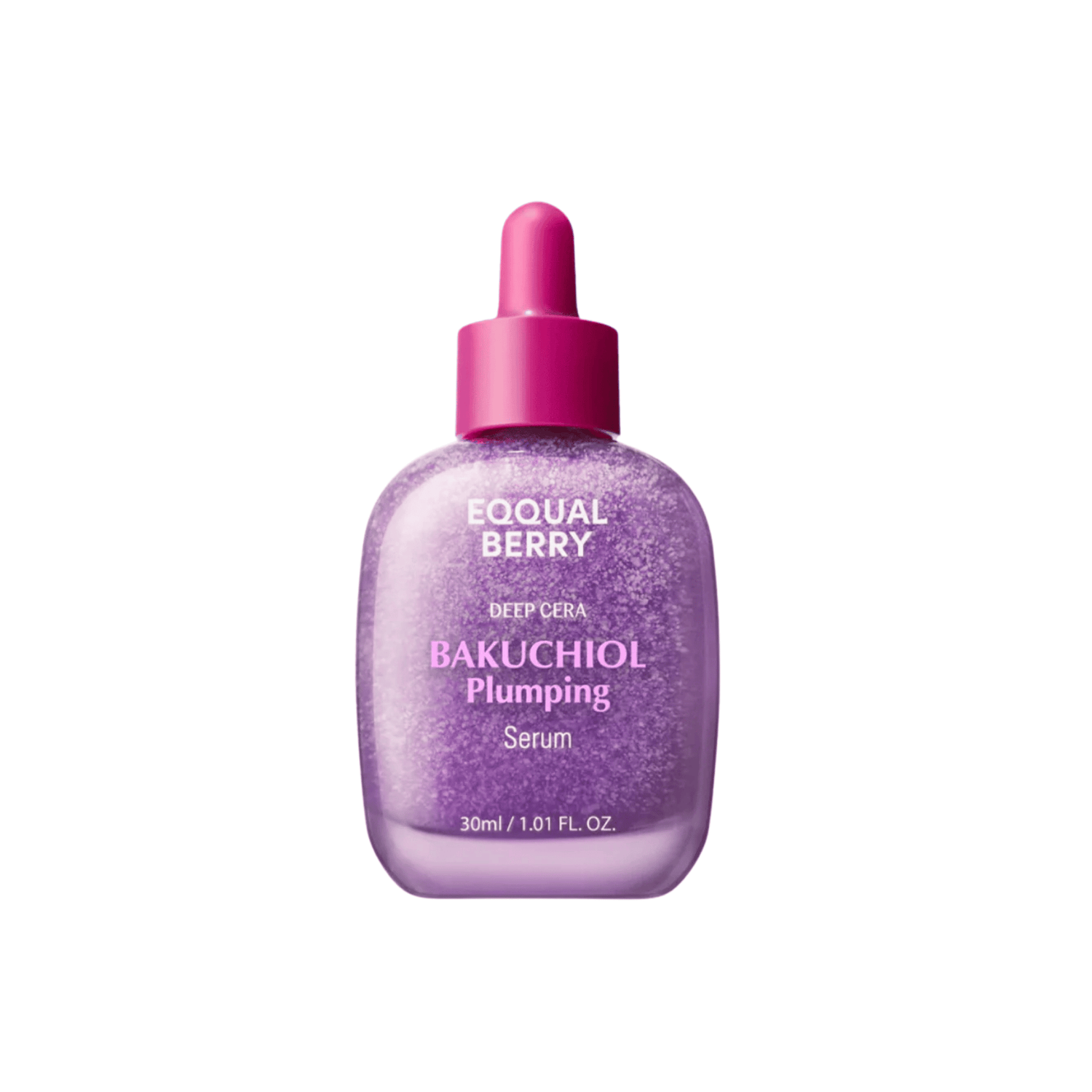 Eine 30ml Flasche EQQUALBERRY Bakuchiol Plumping Serum mit rosa Tropfverschluss und lila Flüssigkeit im Inneren.