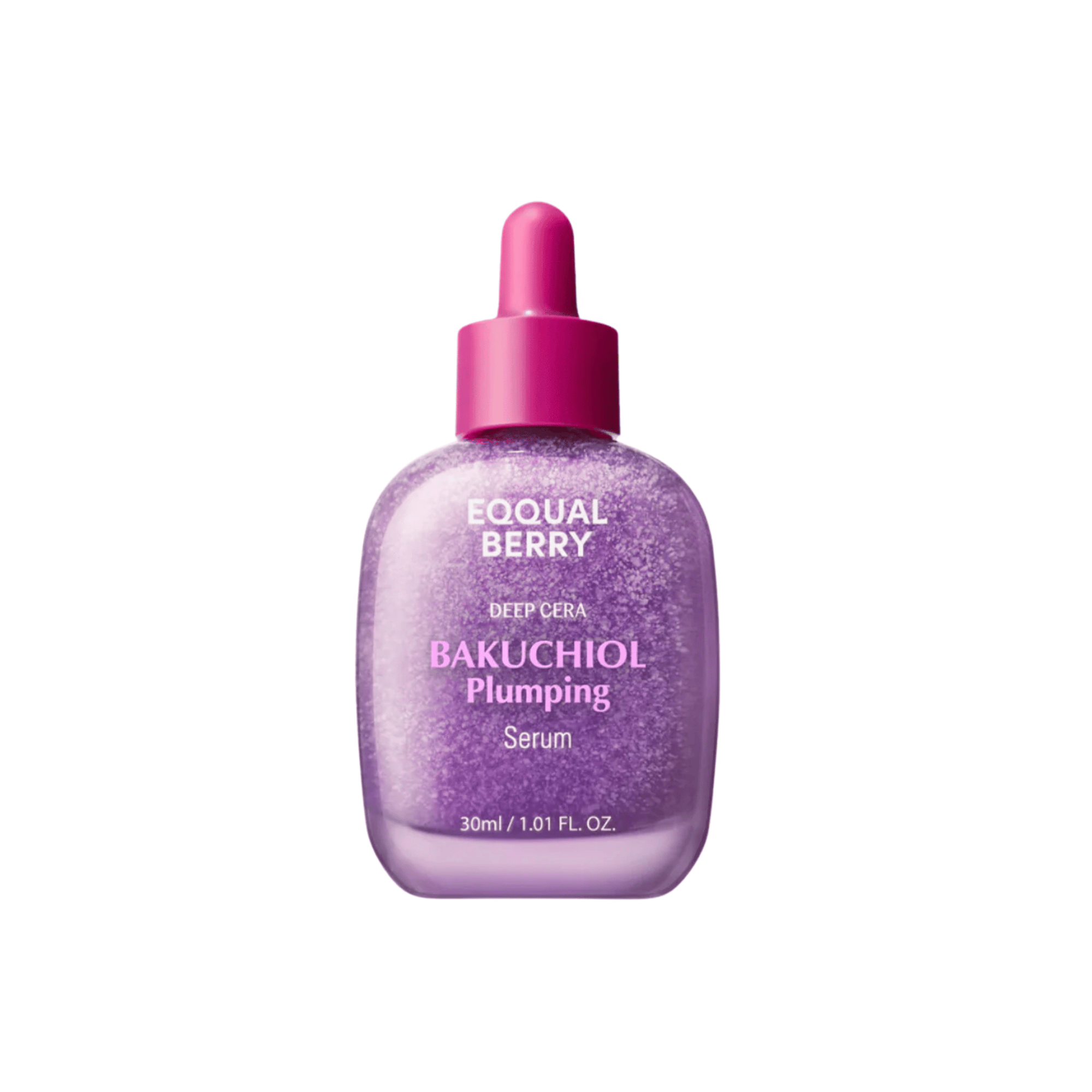 Eine 30ml Flasche EQQUALBERRY Bakuchiol Plumping Serum mit rosa Tropfverschluss und lila Flüssigkeit im Inneren.